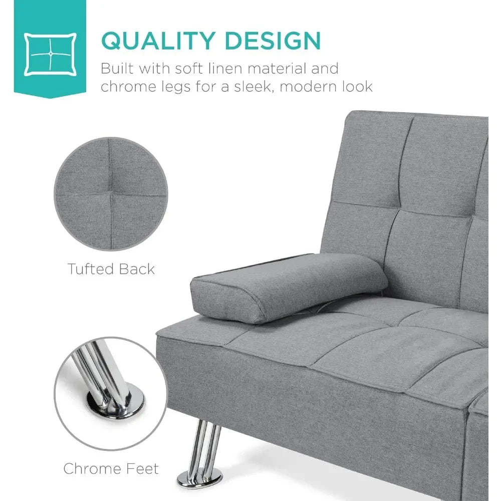 Sofá cama chaise longue con reposabrazos extraíbles y 2 portavasos, gris