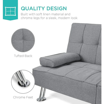 Sofá cama chaise longue con reposabrazos extraíbles y 2 portavasos, gris