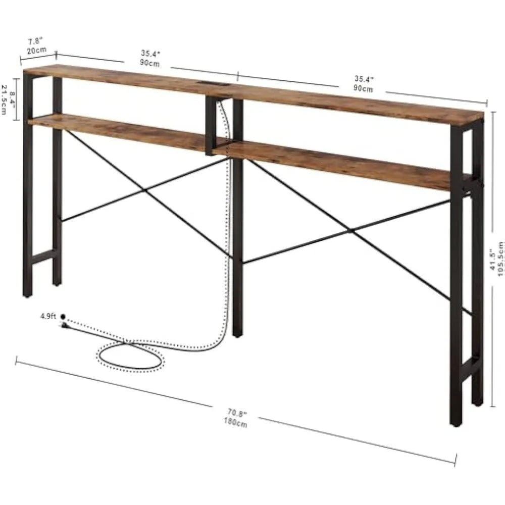 Mesa consola con toma de corriente, mesa de sofá larga con estantes y diseño en forma de X, entrada estrecha detrás de la mesa del sofá