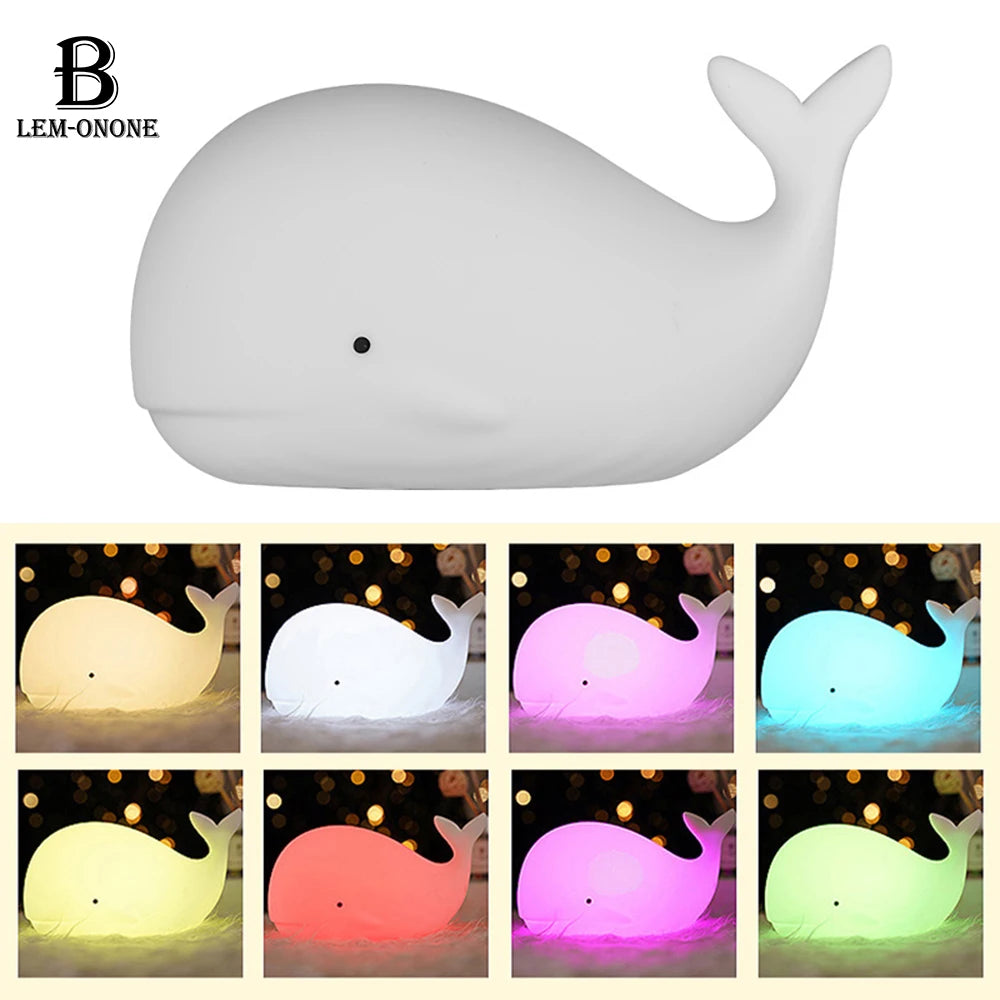 Luces LED de noche con forma de ballena de dibujos animados, lámpara de silicona con palmaditas, lámparas de ambiente con carga USB, decoración de cabecera para niños, regalos para bebé