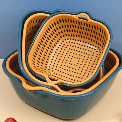 6-piece Set Double Layered Household Vegetable Washing Basket Kitchen Drain Basket Multifunctional Plastic Fruit Basin