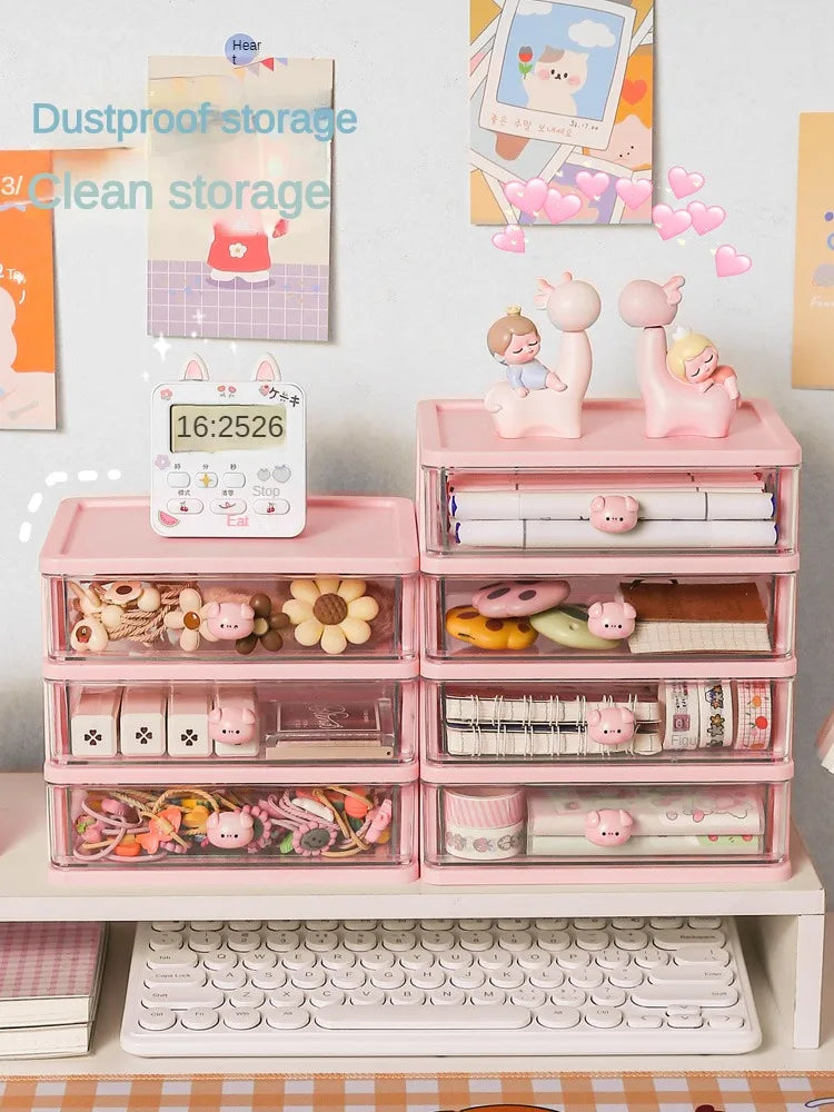 1-piece Desk Storage Drawer Cute Plastic Transparent  Box Stationery Cosmetics   Container