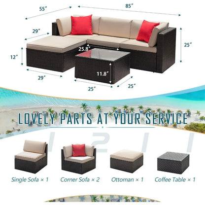 Outdoor Sofa Set with Thick Cushions & Tempered Glass Table, 5 Piece Patio Furniture Set, Wicker Outdoor Sectional Sofa