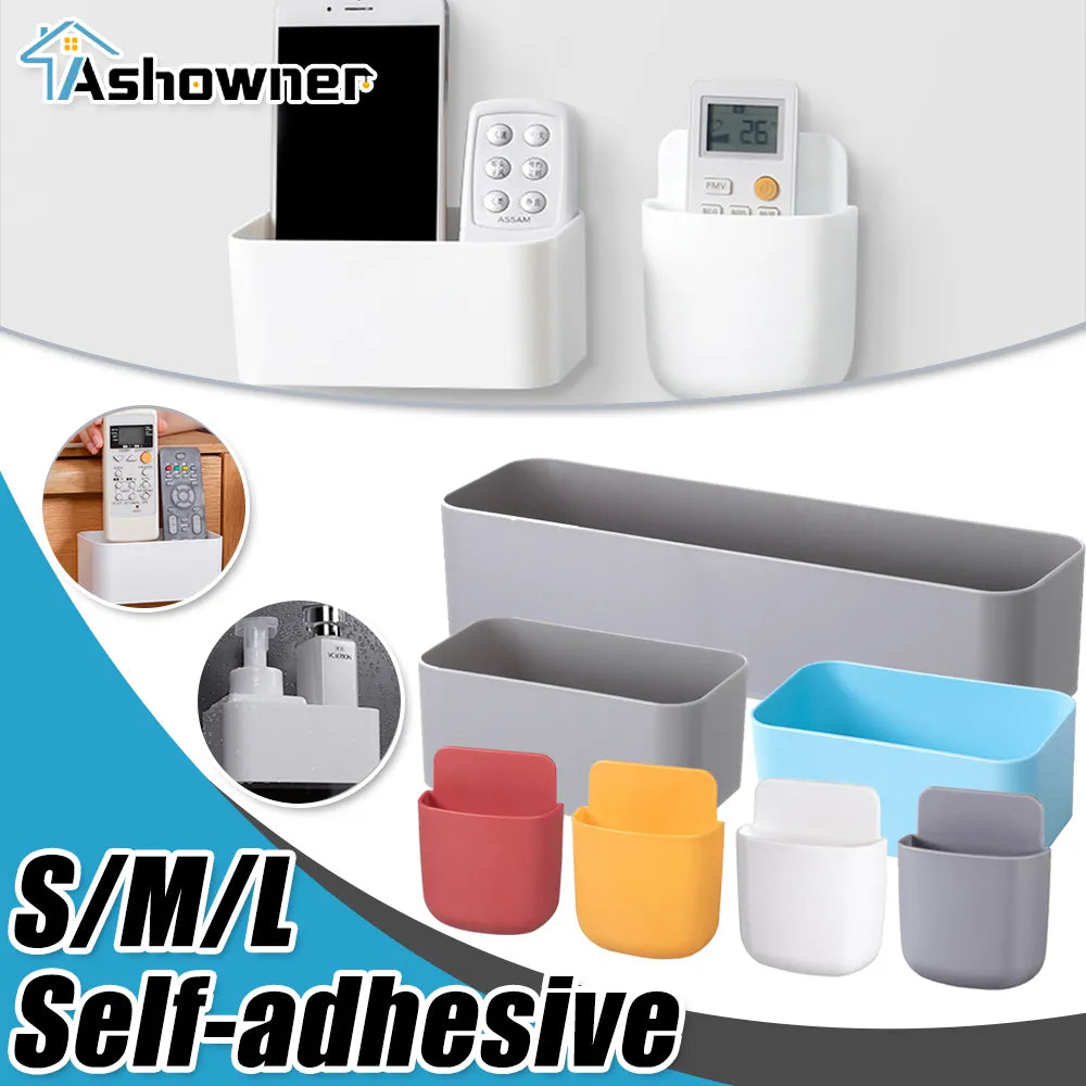 Caja de almacenamiento montada en la pared, soporte de Control remoto para cosméticos, estante de baño, estante de pared, estuche de almacenamiento adhesivo, suministros organizadores para el hogar