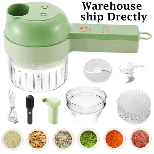 4 IN 1 Electric Vegetable Cutter Set Multifunctional Garlic Mud Masher Chopper Mini Food Processor Cutting Pressing Mixer Slicer