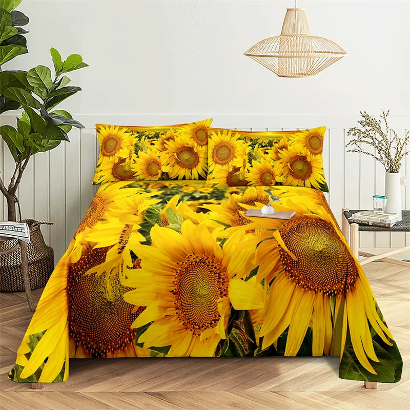 Juego de sábanas de girasol para niña hermosa, juego de cama para habitación de amantes, sábanas y fundas de almohada, juego de sábanas planas