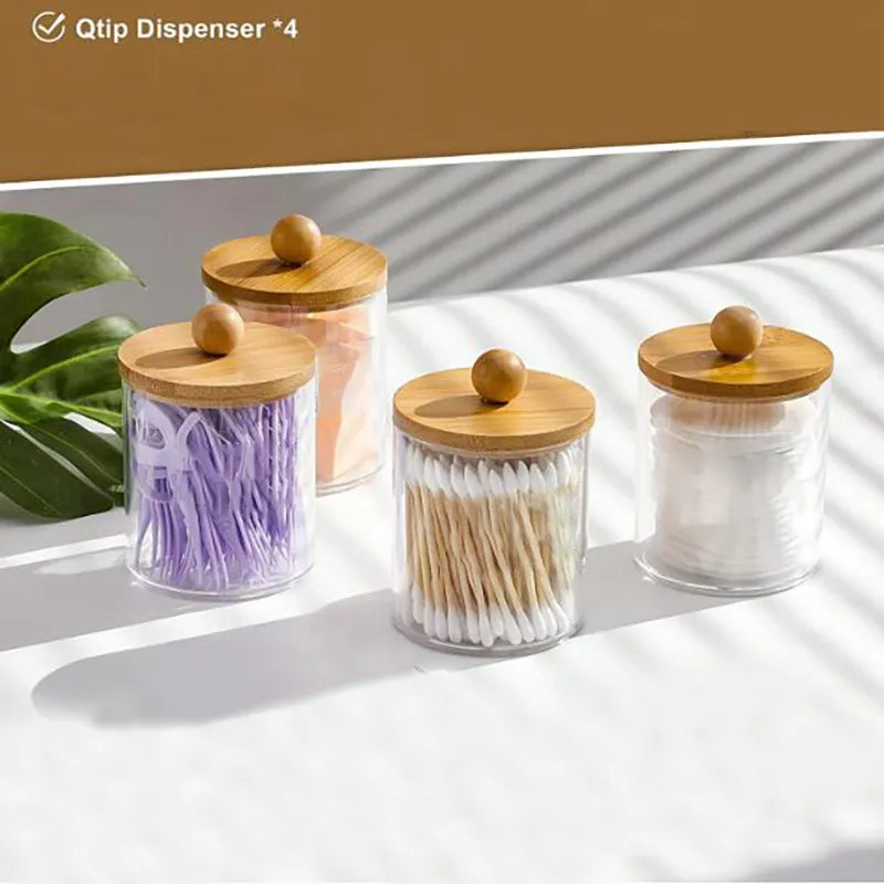 Distributeur de support Qtip avec couvercle en bambou 10 oz, récipients d'apothicaire en plastique transparent pour vanité, organisateur de maquillage, rangement de salle de bain