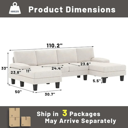 Convertible Sectional Sofa U-shaped Sofa for Living Room, Oversized Seat with Comfortable Backrest, White