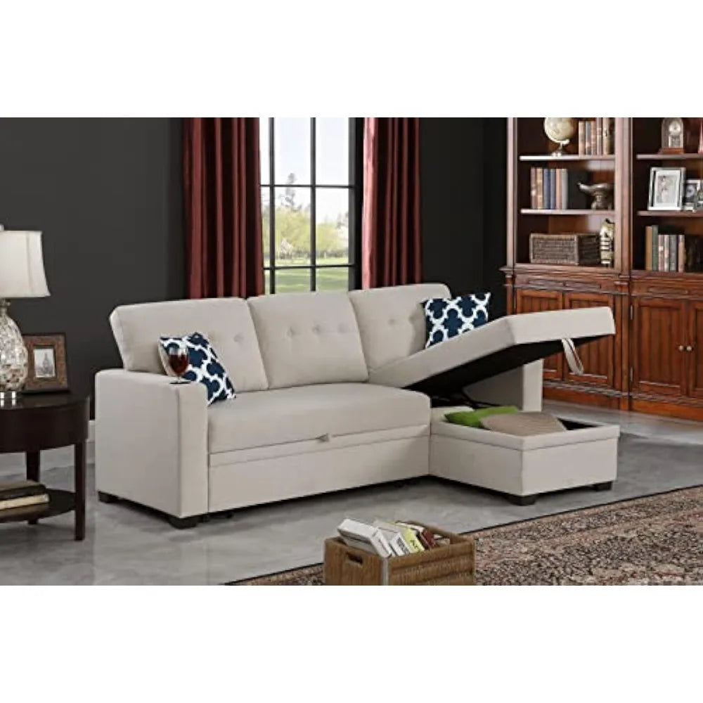 L-Shaped 3-Seaters Corner Sectional Sofa Linen Upholstered Sofa&Couch Convertible Sofabed W/Pull Out Sleeper Couch Bed