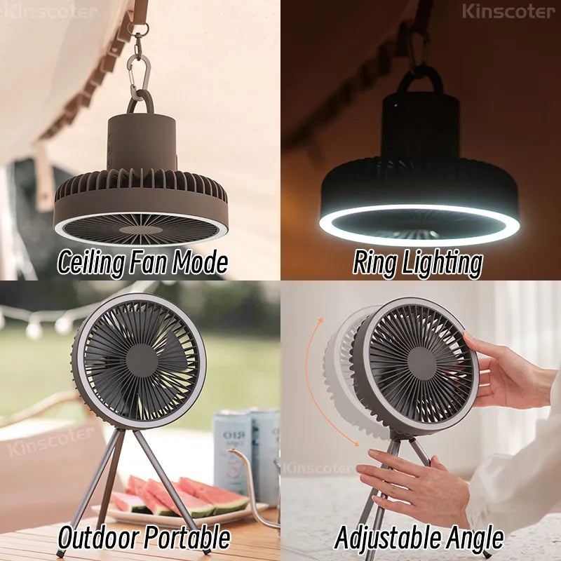 Ventilador de Camping de 10000mAh, circulador portátil de escritorio recargable, ventilador eléctrico de techo inalámbrico con Banco de energía, trípode de iluminación LED