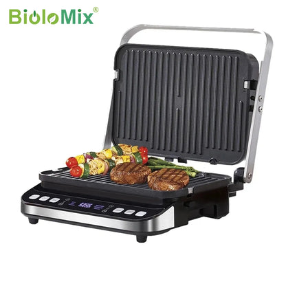 BioloMix Parrilla de contacto eléctrica de 2000 W Plancha digital y prensa para panini, placas para hacer gofres opcionales, abre barbacoa de 180 grados