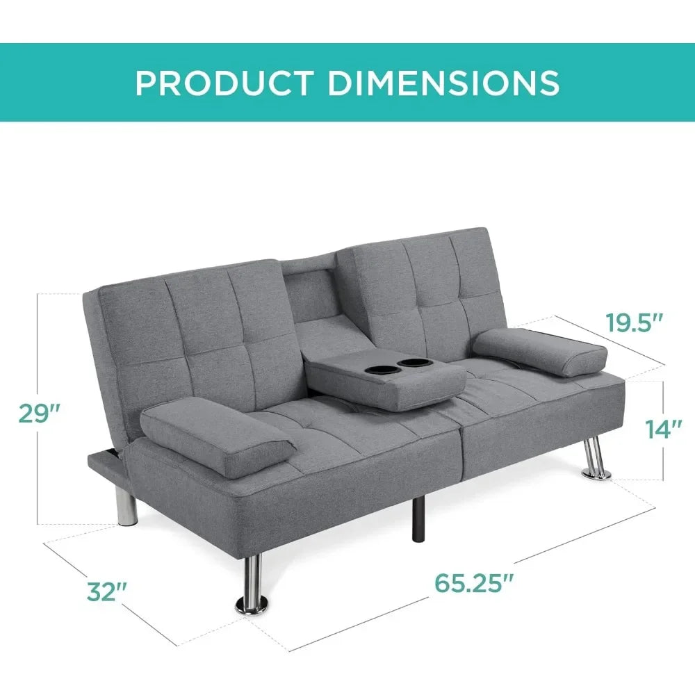 Sofá cama chaise longue con reposabrazos extraíbles y 2 portavasos, gris