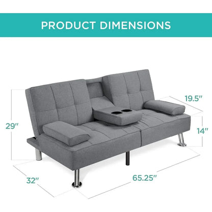 Sofá cama chaise longue con reposabrazos extraíbles y 2 portavasos, gris