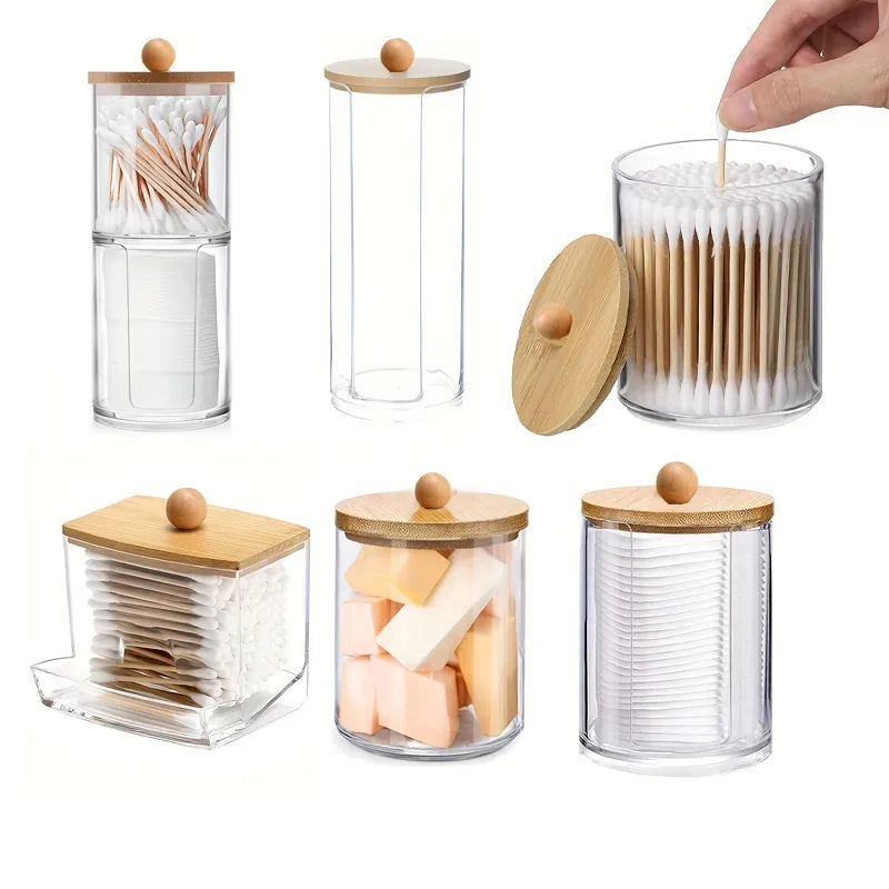 Boîte de rangement en acrylique avec couvercle, distributeur de support Qtip, pot en plastique transparent, organisateur de maquillage, boîte de salle de bains, Organization de rangement