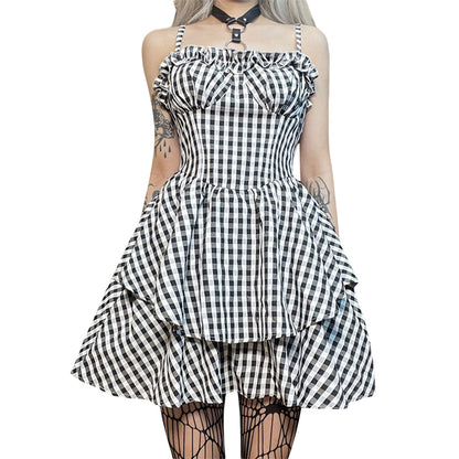 Waist-tight Halloween Dark Plaid Sling Lace Puff Dress