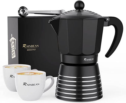 Cafetera espresso para estufa, 6 tazas, 300 ml, juego de regalo de olla Moka de aluminio, café Greca cubano italiano, fácil de usar y limpiar, juego que incluye 2 tazas, cuchara, negro, regalo perfecto para los amantes del café