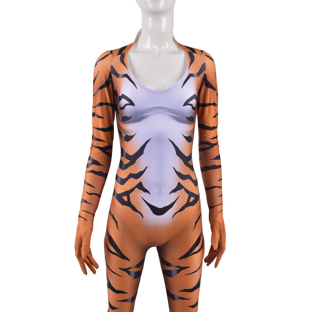 Halloween Girls Red Black Cat Cosplay Tiger Print Bodysuit