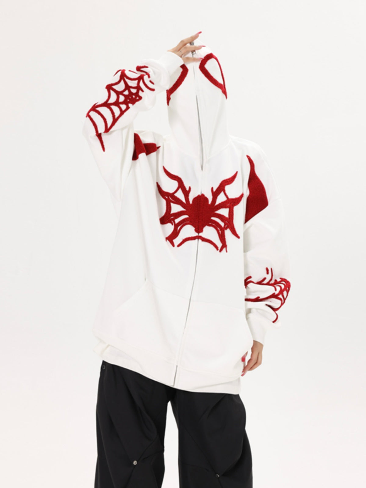 Sudadera con capucha y cremallera estilo hip hop con diseño de telaraña para Halloween