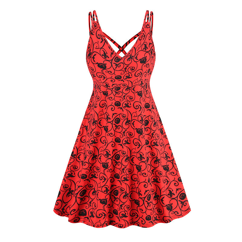 V-neck Strap Halloween Printed Pumpkin Flowers Bat Gothic Dress