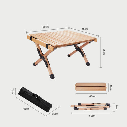 Mesa de rollo de huevo de haya de madera maciza para exteriores, mesa plegable para acampar