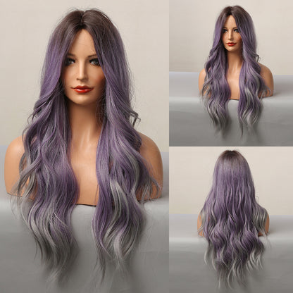 Perruque pour femme de couleur mixte violette bouclée à mi-point d'Halloween