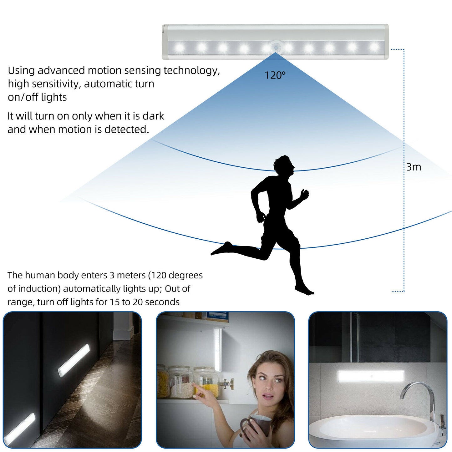 Sensor de movimiento inalámbrico debajo del armario luz LED lámpara de noche para encimera de cocina