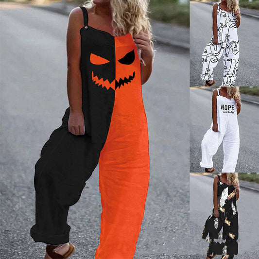 Color Matching Halloween Pattern Sleeveless Casual Jumpsuit