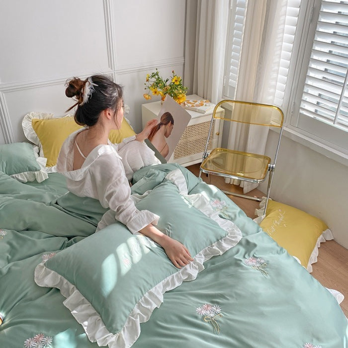 Drap de lit quatre pièces en soie lavée avec housse de couette