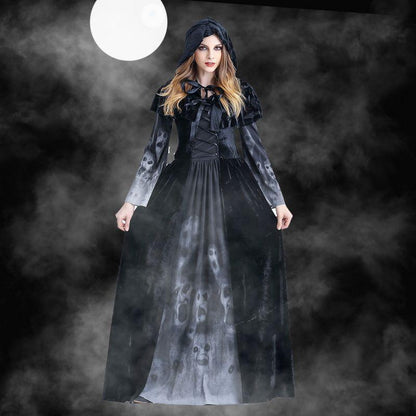 Disfraz de bruja gótica medieval para mujer, disfraz de Maléfica, terrorífico, para carnaval, fiesta, fantasma, vestido largo negro con capucha