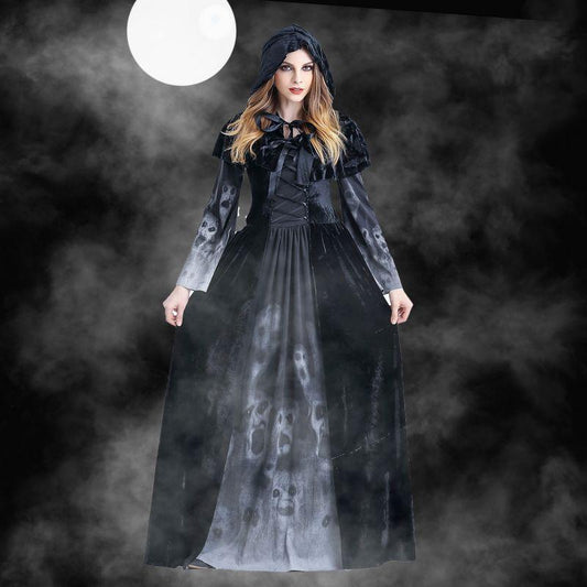 Halloween Femmes Médiéval Gothique Sorcière Maléfique Horreur Effrayant Cosplay Costume Carnaval Fête Fantôme Longue Robe Noire À Capuche