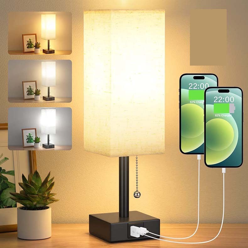 Lampe de table de chevet avec 3 niveaux de luminosité, petite lampe avec USB C et A, lampe de chevet avec chaîne de traction, lampe de chambre à coucher pour vivre, lire, travailler