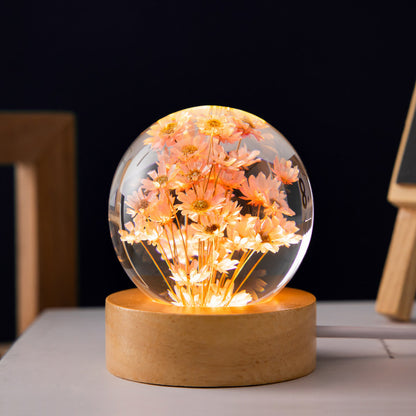 Boule de cristal de pissenlit lumineuse 3D, Base en bois de hêtre, boule de sphère de fleur préservée, ornements de bureau, cadeaux d'anniversaire et de noël