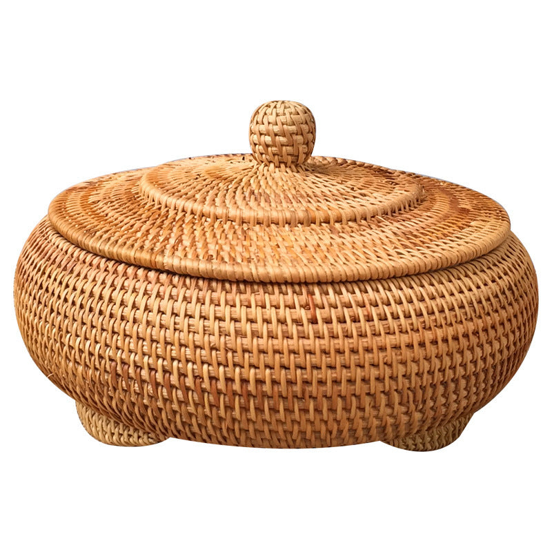 Round Rattan Boxes with Lid Hand-Woven Multi-Purpose Wicker Tray 11 Inch Picnic Food Bread Table Storage Basket