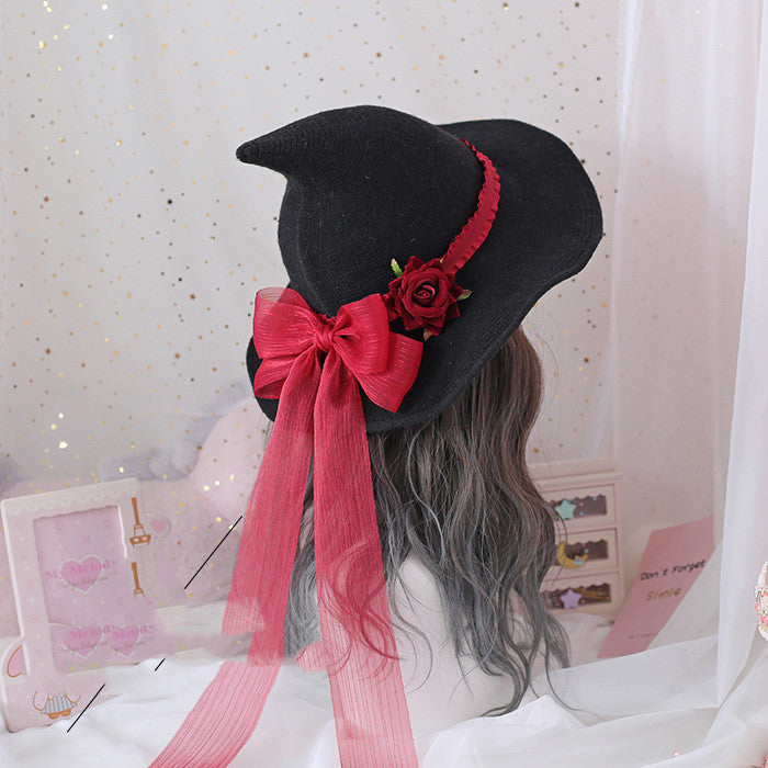 Sombrero de bruja retro de Lolita para Halloween, sombrero de mago con lazo grande y rosa para mascarada, sombrero de chica mágica gótica, accesorios de cosplay, decoración de fiesta