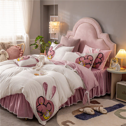 Housse de couette chaude rembourrée en velours corail Jupe de lit coupe-vent princesse