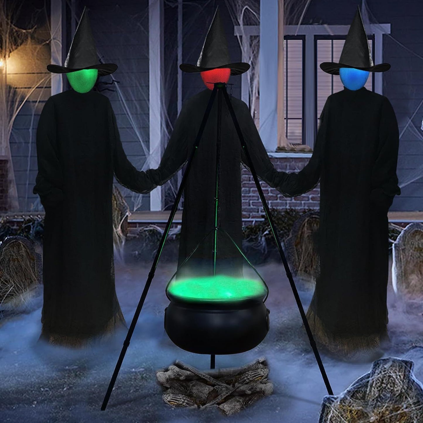 Witch Cauldron On Bonfire Tripod Halloween Decoration