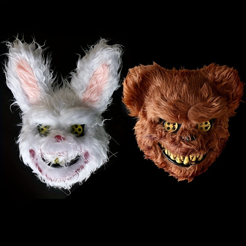 Halloween Scary Mask Bear Rabbit Bunny Mask, Bloody Plush Head Mask, Cosplay Costume Props Halloween Party Horror Devil Bear & Rabbit Mask