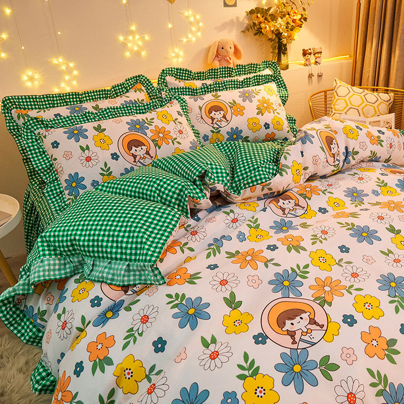 Housse de couette en coton à fleurs, drap de lit, jupe de lit, costume trois ou quatre pièces