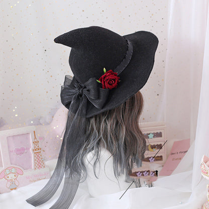 Lolita Halloween Retro Witch Hat Masquerade Rose Big Bow Wizard Hat Gothic Magical Girl Hat Cosplay Accessories Party Decor