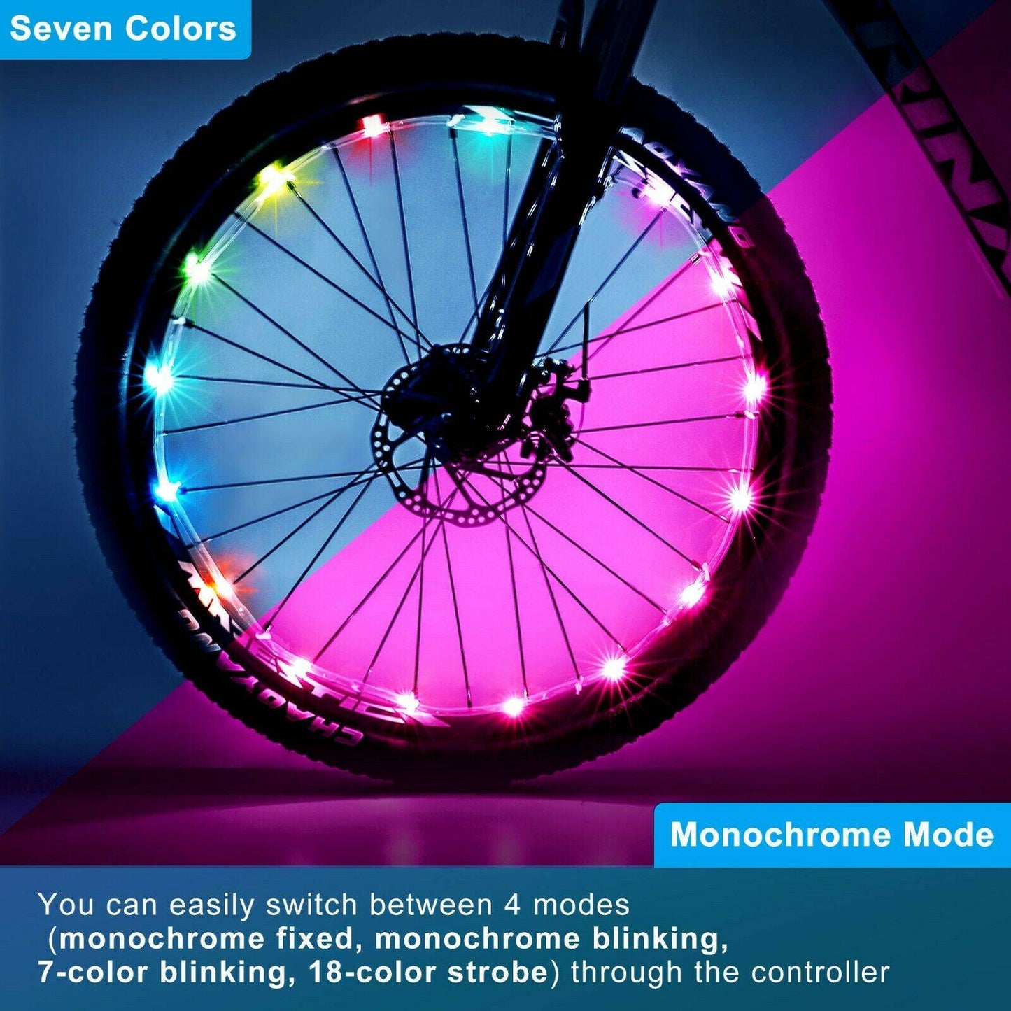 Paquet de 2 lumières de roue de vélo LED, 7 couleurs dans un vélo étanche