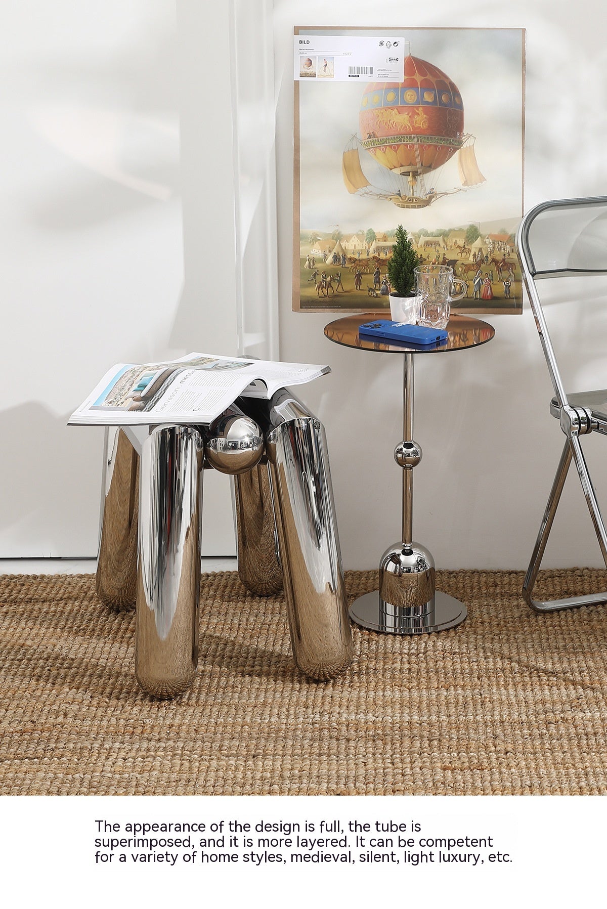 Table d'appoint minimaliste, tabouret court, café, salon, chaussures de ménage italiennes en acier inoxydable