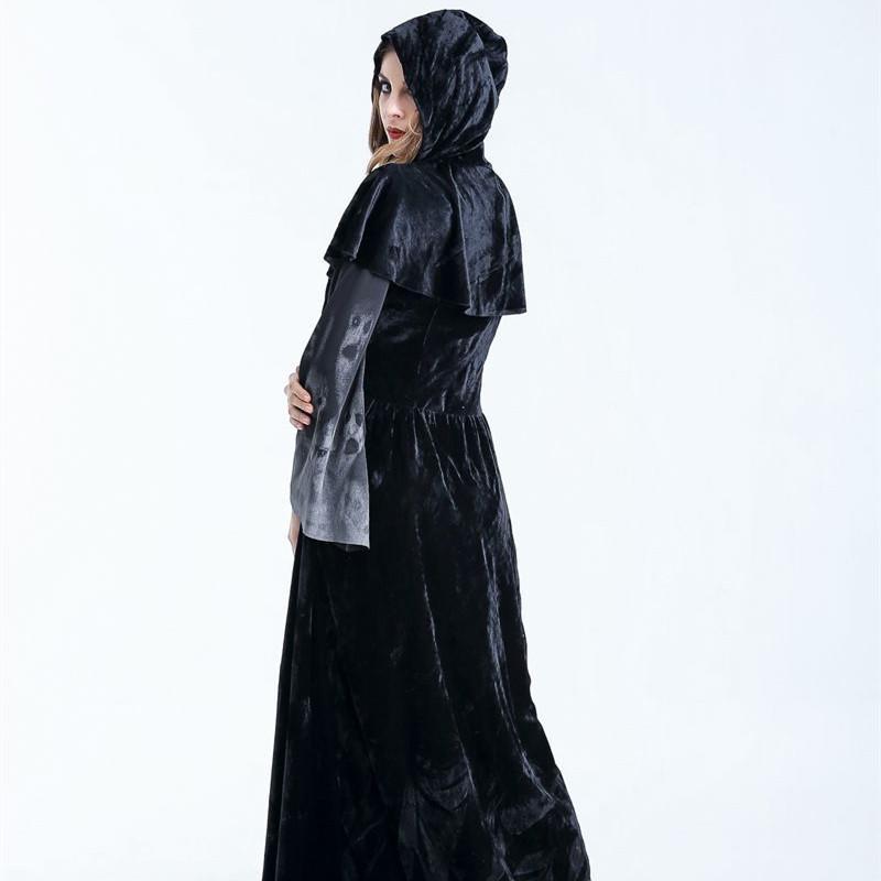 Halloween Women Medieval Gothic Witch Maleficent Horror Scary Cosplay Costume Carnival Party Ghost Long Black Hooded Dress