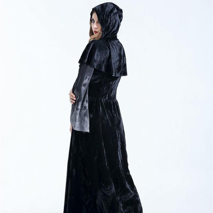 Halloween Femmes Médiéval Gothique Sorcière Maléfique Horreur Effrayant Cosplay Costume Carnaval Fête Fantôme Longue Robe Noire À Capuche