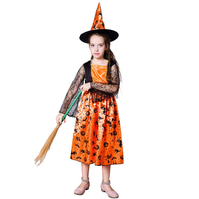 Robe de sorcière citrouille pour petite fille pour Halloween, costume de cosplay de performance sur scène de sorcière pour fille