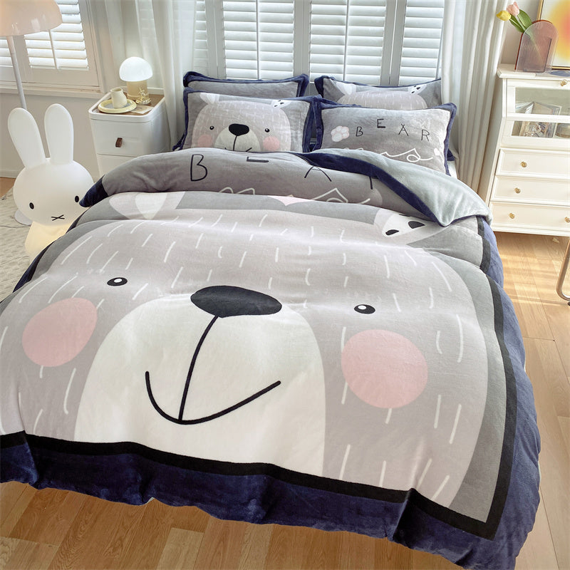 Cute Cartoon Milk Velvet Bedding Set Of Four