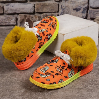 Zapatos de ocio de tacón alto de felpa con estampado de Halloween a la moda para mujer