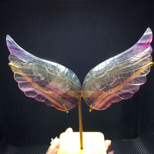 Natural Fluorite Original Stone Carving Hand Handle Piece Decoration Angel Wings Home Decoration