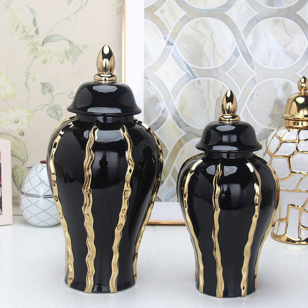 Ceramic Black Gold Pattern Temple Jar Ornaments