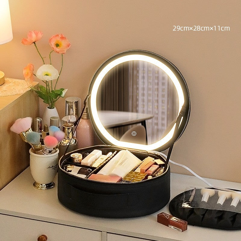 Trousse de maquillage ronde intelligente LED avec miroir lumières, sac de beauté pour femmes, grande capacité, organisateur de voyage en cuir PU, étui à cosmétiques