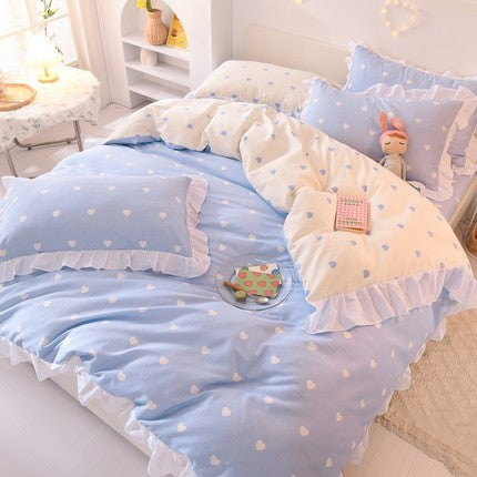 Ins Fashion Solid Cotton Bedding Set with Fitted Bed Sheet Cute Princess AB Double Sided Ruffle Quilt Cover Pillowcase Full Size